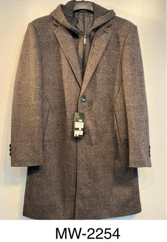 Mens De Niko Dark Brown Button Up Long Coat With Pockets and Zip Up Hoodie. MW-2254