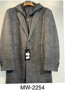 Mens De Niko Gray Button Up Long Coat With Pockets and Zip Up Hoodie. MW-2254