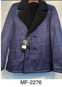 Mens De Niko Navy Blue Sued Leather Button Up Coat Black Fur Lining MF-2276
