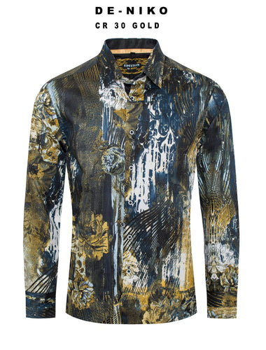 Mens De Niko Gold Dress Shirt with Blue Black Floral Pattern. Cr-30