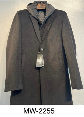 Mens De Niko Black Button Up Long Coat with Hoodie and Pockets. MW-2255