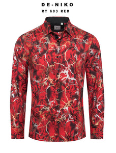Mens De Niko Red Dress Shirt with Gold Floral Chain Pattern. RT-603
