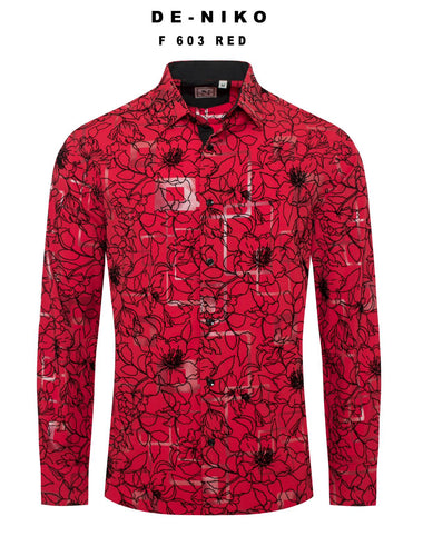 Mens De Niko Red Dress Shirt with Black Floral Pattern. F-603