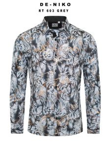 Mens De Niko Gray Dress Shirt with Gold Floral Chain Pattern. RT-603