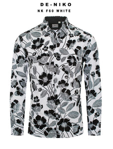 Mens De Niko White Dress Shirt with Black Floral Pattern. NK-F60