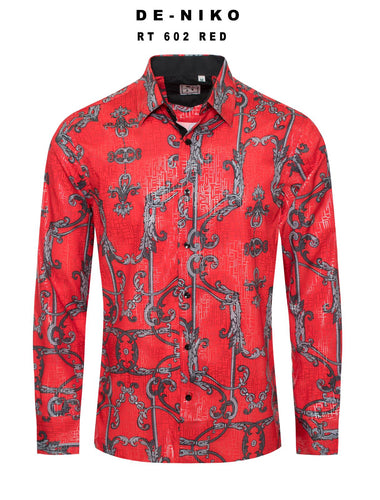 Mens De Niko Red Dress Shirt with Gray Floral Pattern. RT-602