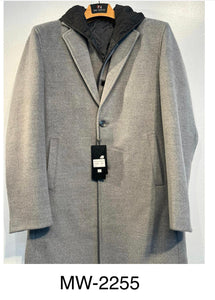 Mens De Niko Gray Button Up Long Coat with Hoodie and Pockets. MW-2255