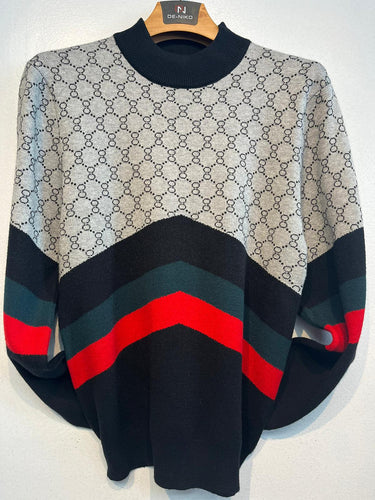 Mens De Niko Gray Sweater with Black Diamond Pattern and Red Green Stripes