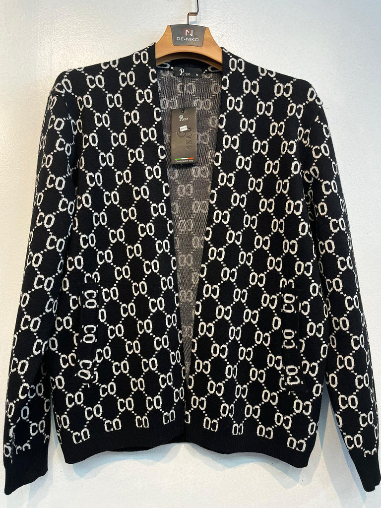 Mens De Niko Black Knit Zip Up Sweater with White Diamond Pattern and ...