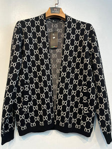 Mens De Niko Black Knit Zip Up Sweater with White Diamond Pattern and Pockets