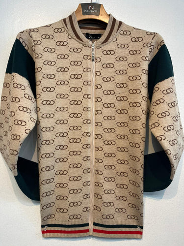 Mens De Niko Beige Knit Zip Up Sweater with Brown Diamond Pattern and Black Accents