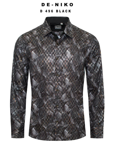 Mens De Niko Black Dress Shirt with Silver Leaf Pattern. D-496