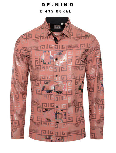 Mens De Niko Coral Dress Shirt with Black Silver Greek Pattern. D-495