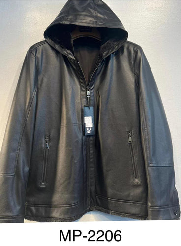 Mens De Niko Black Leather Zip up Jacket With Zipper Pockets and Hoodie. MP-2206