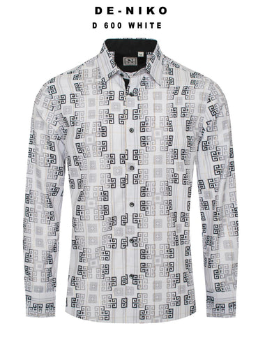 Mens De Niko White Dress Shirt with Black Gray Greek Pattern. D-600