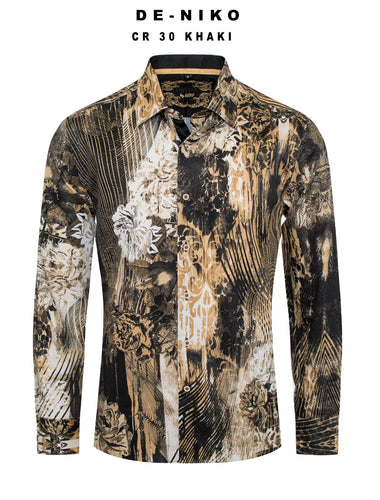 Mens De Niko Khaki Dress Shirt with White Black Floral Pattern. CR-30