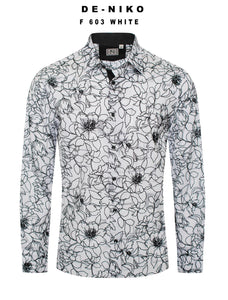 Mens De Niko White Dress Shirt with Black Floral Pattern. F-603