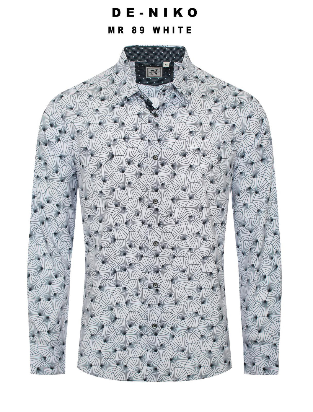 Mens De Niko White Dress Shirt with Black Seashell Pattern. MR-89