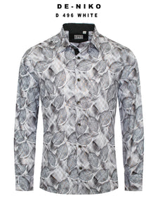 Mens De Niko White Dress Shirt with Black Leaf Pattern. D-496