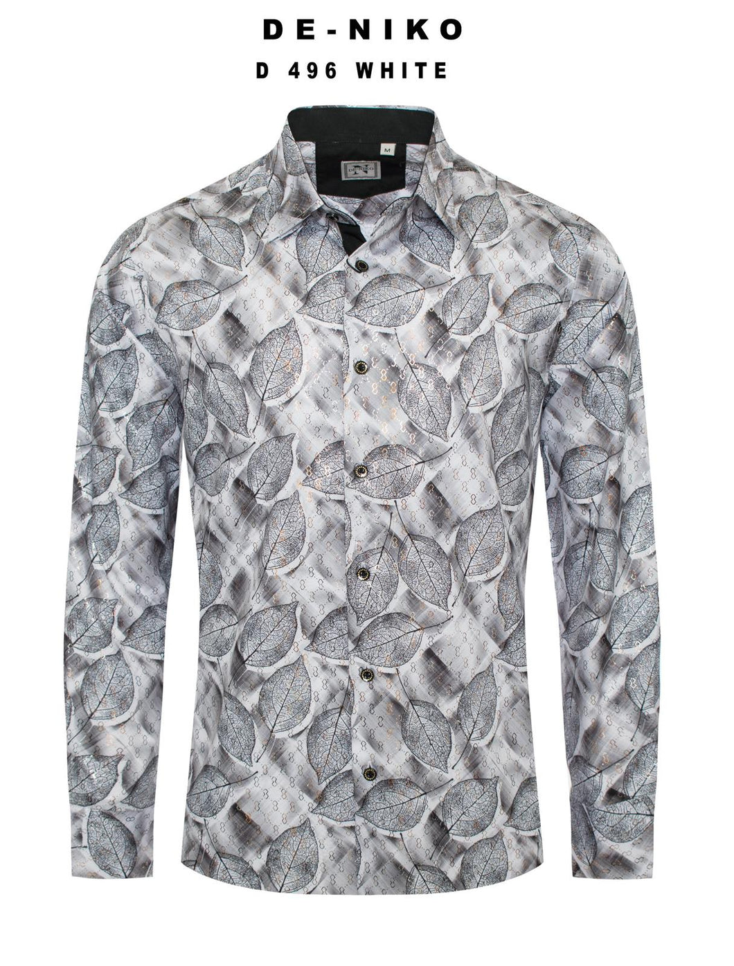 Mens De Niko White Dress Shirt with Black Leaf Pattern. D-496