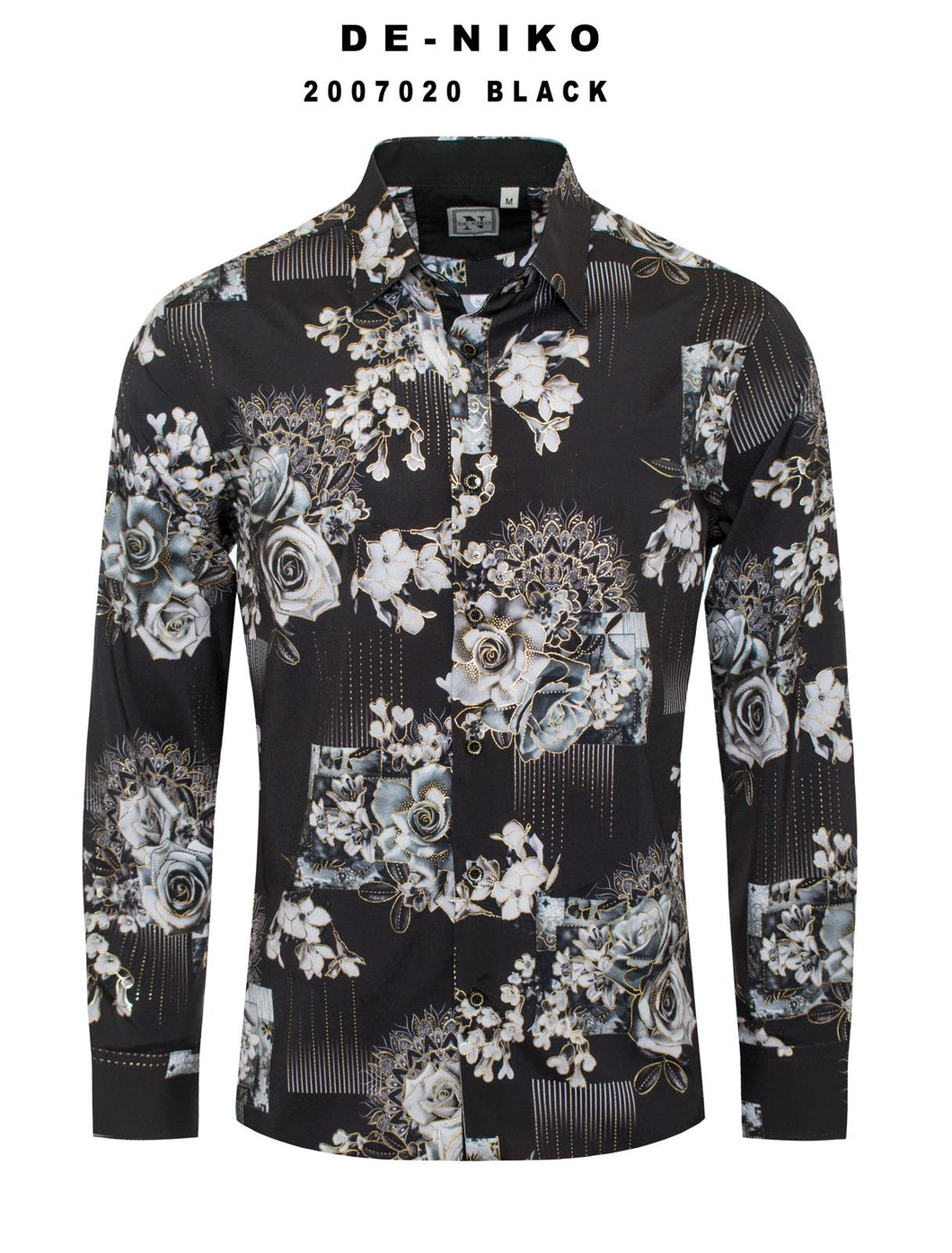 Mens De Niko Black Dress Shirt with Gray Blue Roses. 2007020