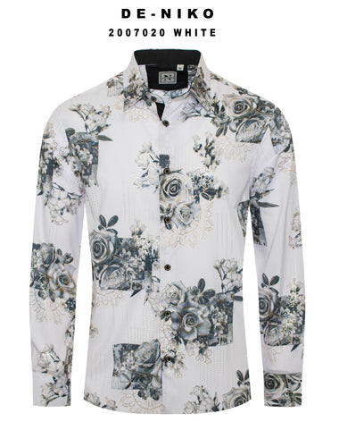 Mens De Niko White Dress Shirt with Gray Blue Roses. 2007020