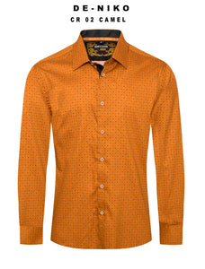 Mens De Niko Camel Dress Shirt with Black Polka Dot Diamond Pattern. CR-02