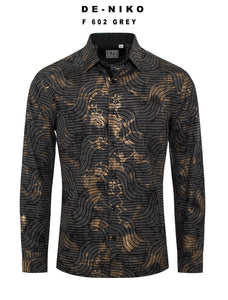 Mens De Niko Gray Dress Shirt with Gold Black Floral Wave Pattern. F-602