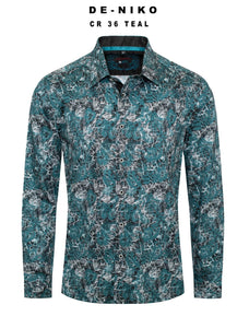 Mens De Niko Teal Dress Shirt with White Floral Pattern. CR-36