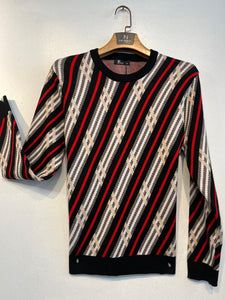 Mens De Niko Black Sweater with White Gray Red Diagonal Stripes
