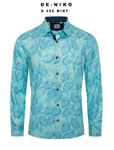 Mens De Niko Mint Dress Shirt with Blue Leaf Pattern. D-496