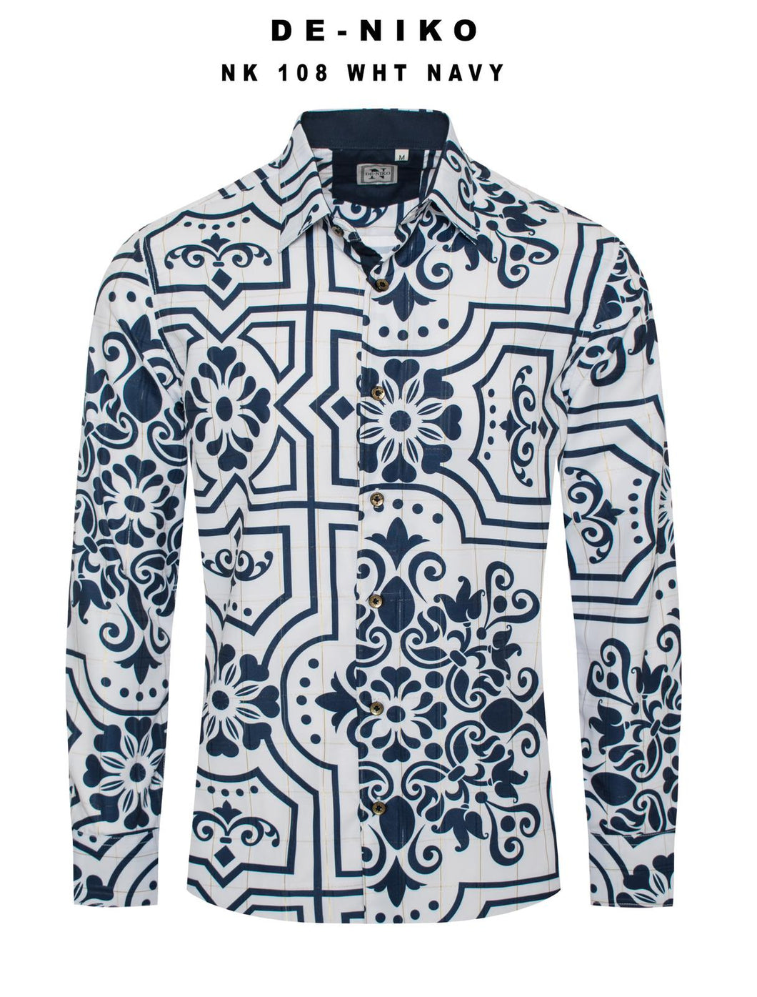 Mens De Niko White Dress Shirt with Navy Floral Frame Pattern. NK-108