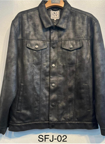 Mens De Niko Shiny Black Button Up Leather Jacket With Pockets. SFJ-02