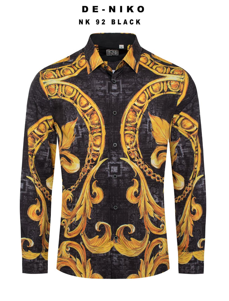 Mens De Niko Black Dress Shirt with Gold Floral Frame Pattern. NK-92 ...