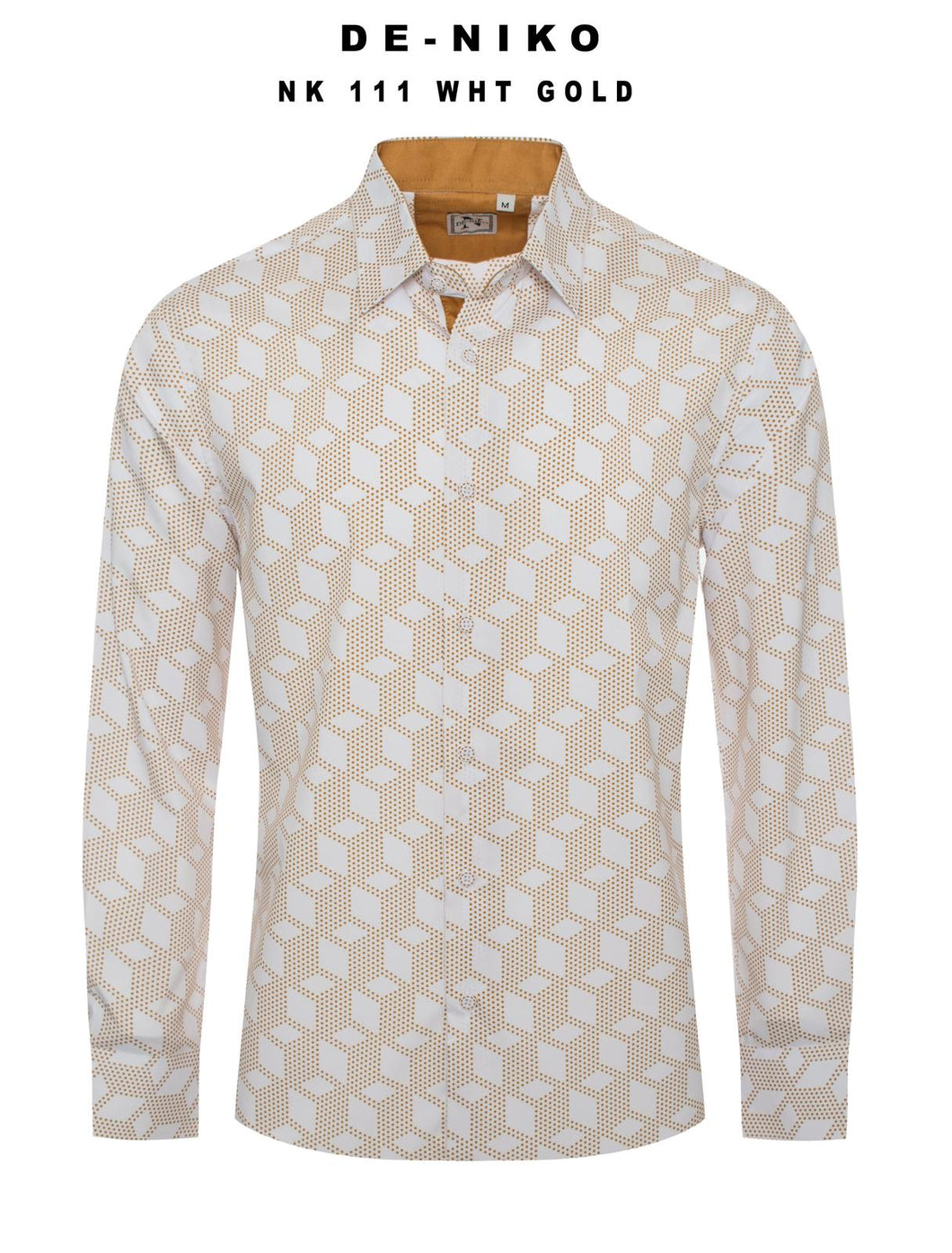 Mens De Niko White Dress Shirt with Gold Polka Dot Cubic Pattern