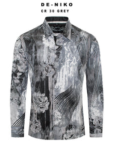 Mens De Niko Gray Dress Shirt with White Black Floral Pattern. CR-30