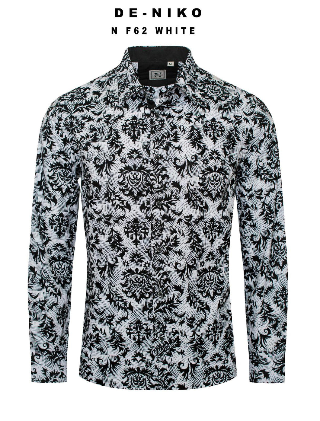 Mens De Niko White Dress Shirt with Black Floral Pattern. NF-62