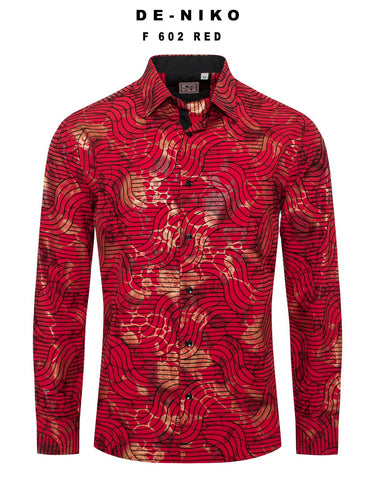 Mens De Niko Red Dress Shirt with Gold Black Floral Wave Pattern. F-602