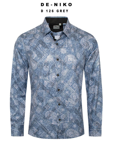 Mens De Niko Gray Dress Shirt with Leopard Pattern and White Paisley Print. D-126