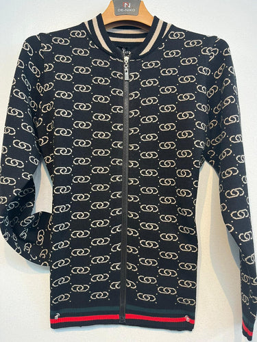 Mens De Niko Navy Blue Knit Zip Up Sweater with White Diamond Pattern and Pockets