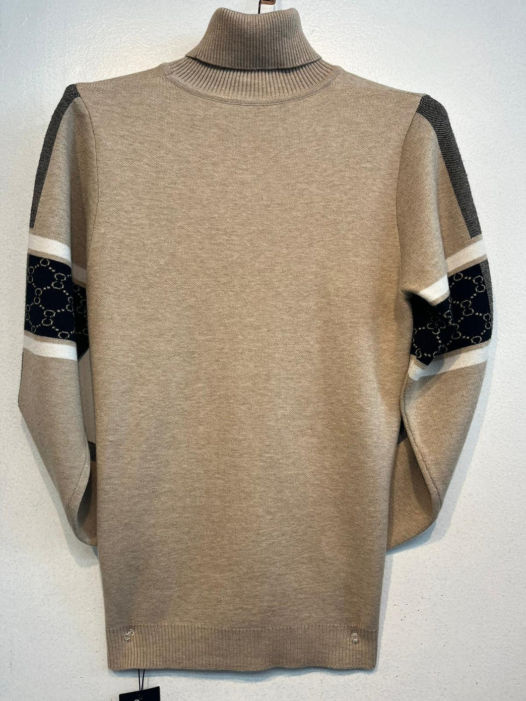 Mens De Niko Beige Turtleneck Sweater with Black Stripes – NikoClothing