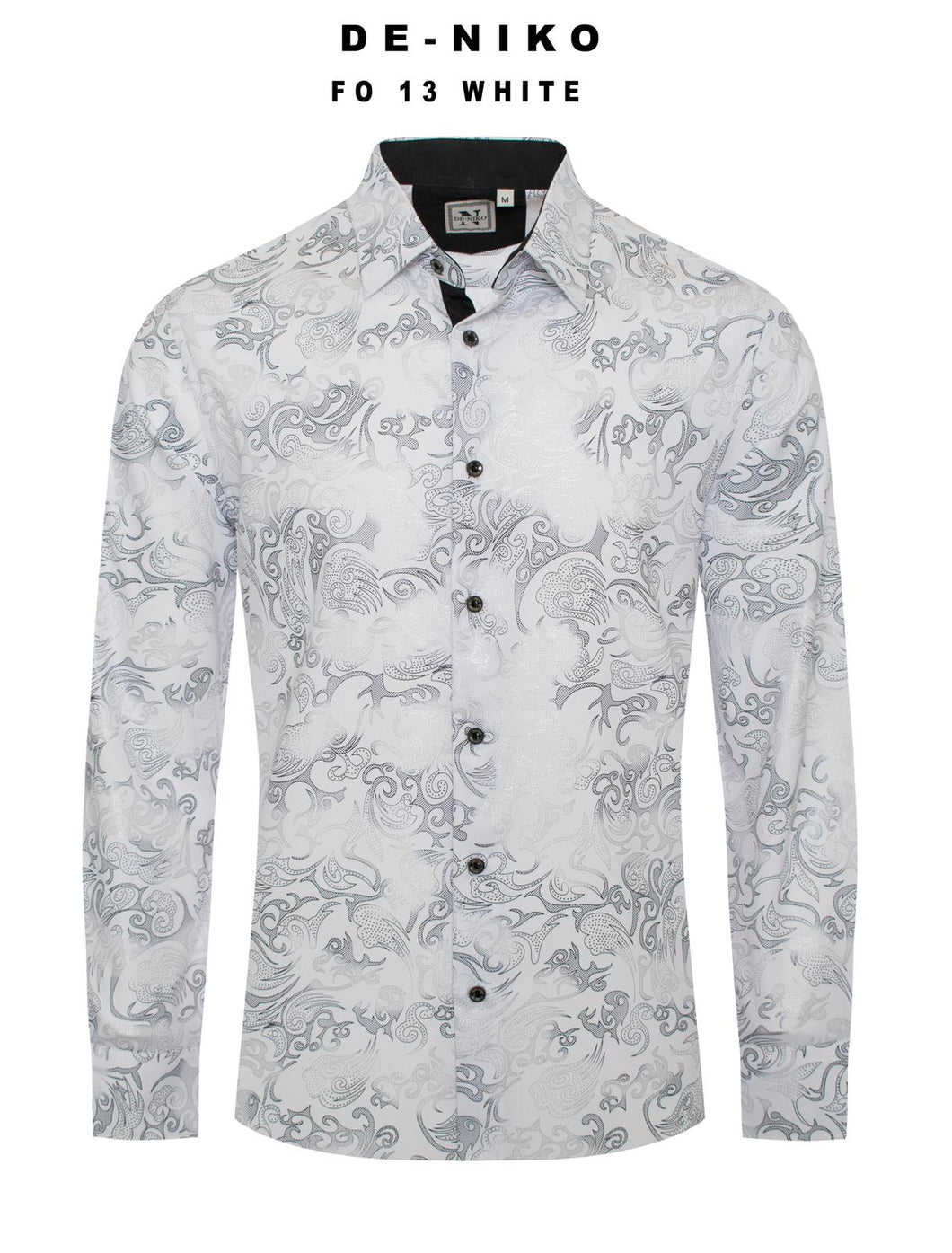 Mens De Niko White Dress Shirt with Gray Floral Vines. FO-13