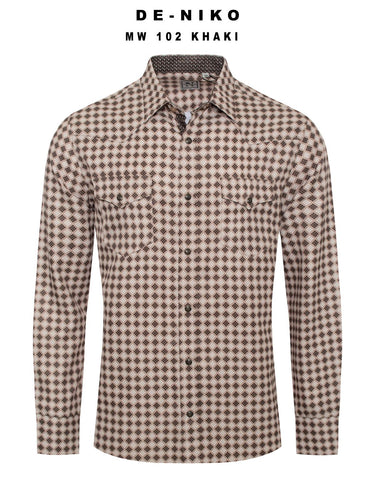 Mens De Niko Khaki Dress Shirt with Brown Diamond Polka Dot Pattern. MW-102
