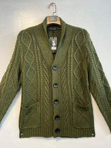 Mens De Niko Olive Green Knit Button Up Sweater with Pockets.