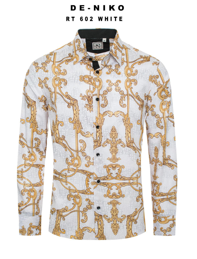 Mens De Niko White Dress Shirt with Gold Floral Pattern. RT-602 ...