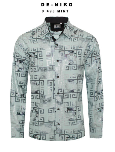 Mens De Niko Mint Dress Shirt with Black Silver Greek Pattern. D-495