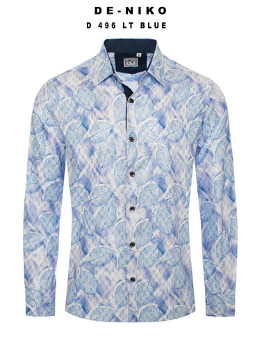 Mens De Niko Blue Dress Shirt with White Leaf Pattern. D-496