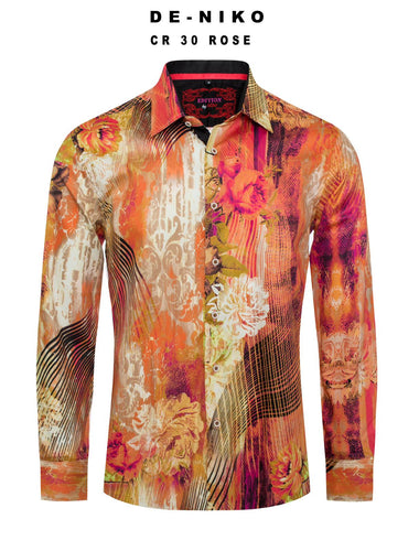 Mens De Niko Pink Dress Shirt with White Black Floral Pattern. CR-30