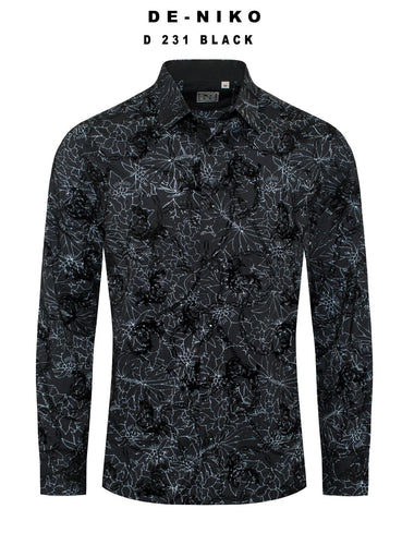 Mens De Niko Black Dress Shirt with Gray Floral Chain Pattern. D-231