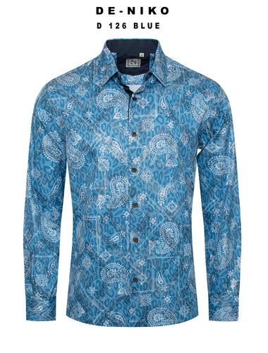 Mens De Niko Blue Dress Shirt with Leopard Pattern and White Paisley Print. D-126